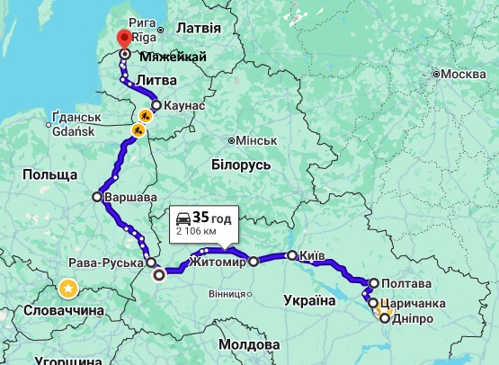 Маршрут движения Днепр-Мажейкяй