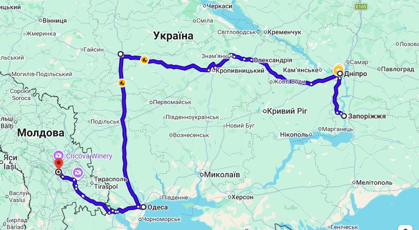 Маршрут движения Запорожье-Кишенев